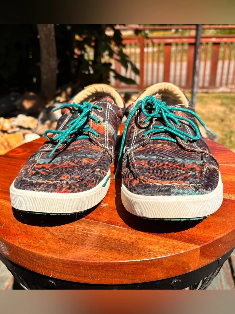 Hooey Multicolor Aztec Canvas Boat Shoes with Teal Laces